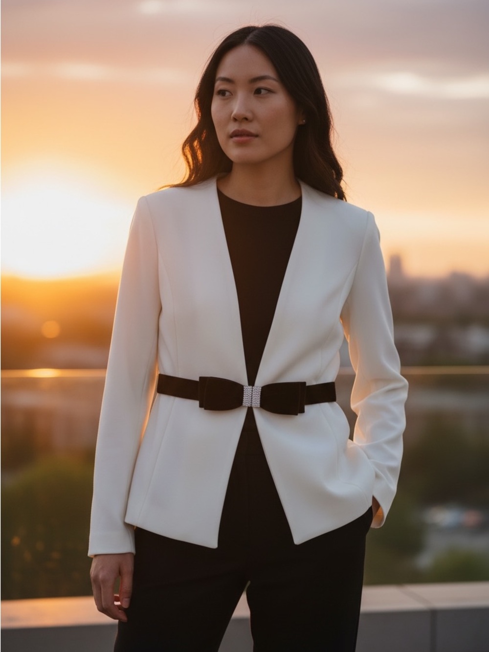 Cream Open-Front Blazer with Black Accent Belt